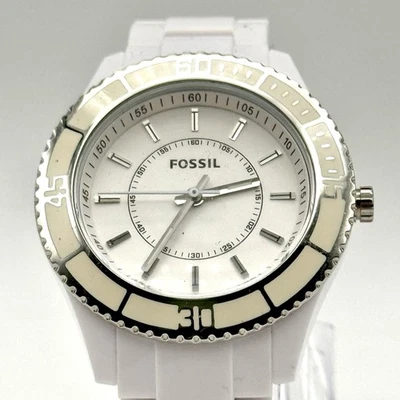 Reloj Fossil Stella ES-2442 Blanco Plata Bisel Cerámico Movimiento Cuarzo Analógico 7" Foto 1 de 4