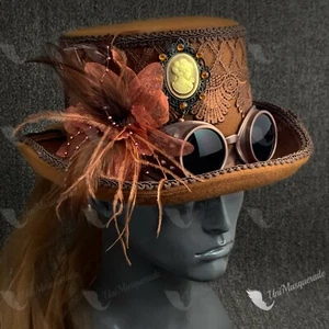 Brown Venetian Steampunk Top Hat Deluxe Velvet with Flower Goggles Gears Hat - Picture 1 of 4