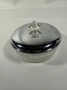 Vintage Clear Glass Powder Vanity Dresser Jar & Silver Metal Lid w/Glass Knob - Picture 1 of 8