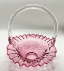 VINTAGE FENTON CRANBERRY  BASKET WITH CLEAR HANDLE CRIMPED COIN OPTIC