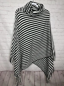 Womens Knitted Wrap Poncho Jumper Cape Shawl black white striped OS EUC - Picture 1 of 3