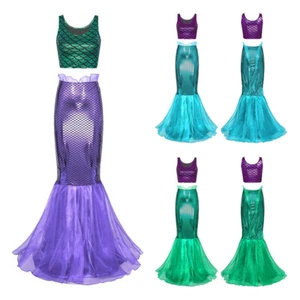 Womens Mermaid Outfit Fishtail Role Play Dress Halloween Tank Top+Skirt Shiny - Picture 1 of 41