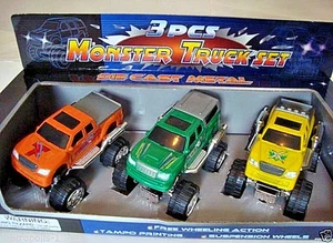 3er SET MONSTERTRUCKS, DRUCKGUSS METALL & KUNSTSTOFF, AUSGETRICKST, VERCHROMT, KINDER 3+, NEU - Bild 1 von 11