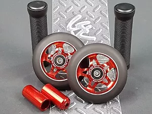 2 x Red Pro Star Black Metal Core Scooter Wheels + 2 Grips + 2 Pegs + Grip Tape - Picture 1 of 1
