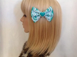 Turquoise heart hair bow clip rockabilly pin up girl lace kawaii kitsch lolita - Bild 1 von 1