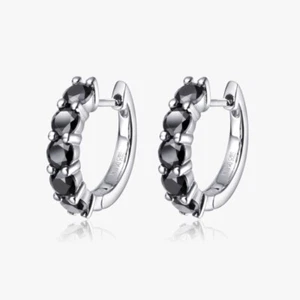 2CTW Black Moissanite Hoop Huggie Earrings Men Women 925 Sterling Silver Hip Hop - Picture 1 of 16