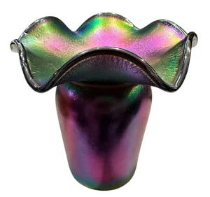 IMPERIAL JEWELS GLASS IRIDESCENT AMETHYST VASE CARNIVL GLASS IRON CROSS MARK - Picture 1 of 10
