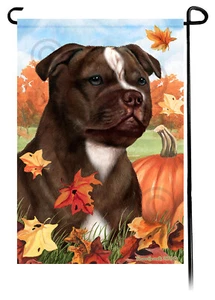 Falling Leaves Garden Flag - Chocolate and White Staffordshire Bull Terrier - Imagen 1 de 1