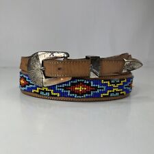 Vintage 1990 Colorful Tribal Beaded on Leather Belt - Women's Size 34
