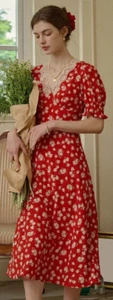 Neu mit Etikett schlichtes Retro Stormi Midi-Kleid V-Ausschnitt Spitze getrimmt Puff Blumendruck S - Bild 1 von 12