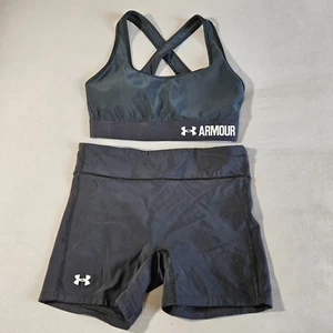 UNDER ARMOUR Workout Sports Bra and Shorts Set Small Black Gym Training Nylon - Picture 1 of 14