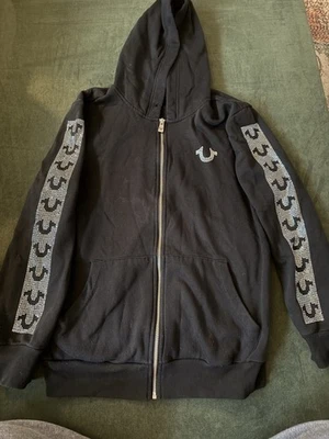 True Religion Black Logo Full Zip Up Crystal Rhinestone Hoodie Mens Size Small - Image 1 of 4