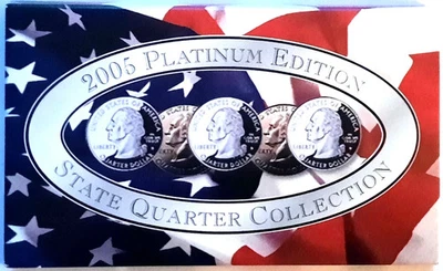 A COMPLETE 2005 P Five Coin "BU" "PLATINUM PLATED" State Quarter Set Box & COA - Image 1 of 2