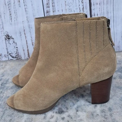 NWOT BELLA VITA 7.5WW Womens Almond Suede Open Toe Ankle Booties Wooden 3" Heel - Image 1 of 4