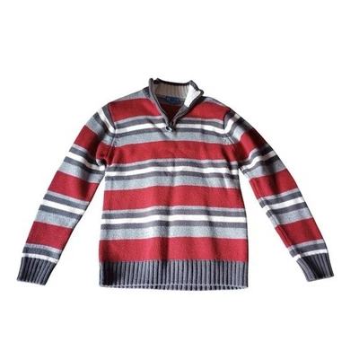 Suéter listrado The Childrens Place Boys quarto de zíper tamanho M 7/8 vermelho cinza branco - Imagem 1 de 4