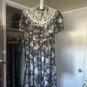 Jessica McClintock Gunne Sax Vintage Tea Dress 10 Made In USA Black & Floral - Picture 1 of 6