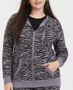 TORRID Gray Black Zebra Hoodie Size 0 Zip Up Animal Print 0X Jacket Pockets EUC