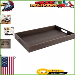 Multi-Functional 18" Rectangle Brown Faux Leather Decorative Tray with Handles - Picture 1 of 8