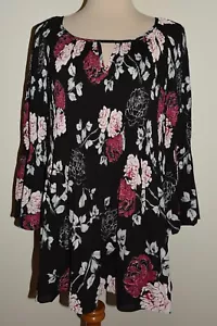 New Womens Avenue 18/20 Blouse Black Floral Pleated 3/4 Sleeve Tunic Top - Picture 1 of 3