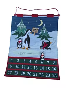 Vintage Christmas Advent Countdown Calendar Pocket Penguins Hanging Fabric Rare - Picture 1 of 8