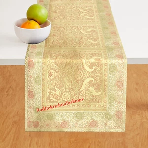 Indian White Traditional Elephant Silk Table Runner Decorative Silk Table Cloth - Picture 1 of 4