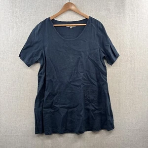 Flax Linen Tunic Blouse Womens Medium Blue Relaxed Boho Short Sleeve Pockets - Picture 1 of 15