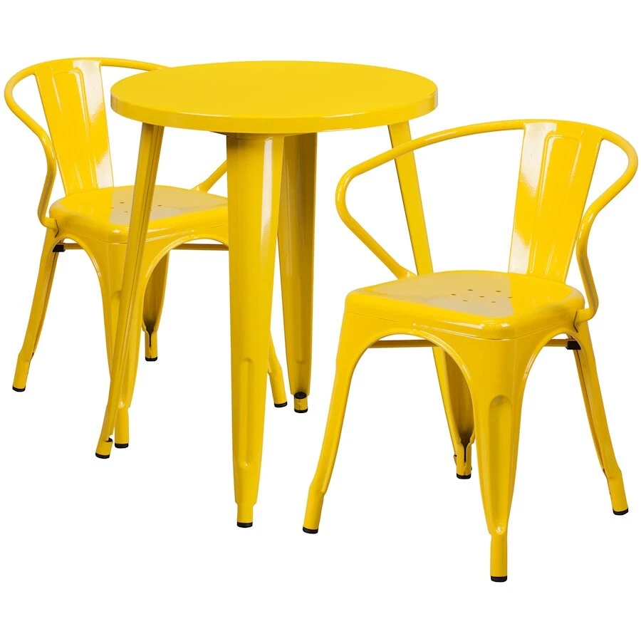 Flash Commercial Grade 24" Round Yellow Metal Table Set with 2 Arm Chairs - Image 1 of 1