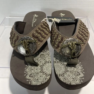 Sandalias de cuña Montana West plateadas/bronce Longhorn y bronce estilo occidental talla 10 Foto 1 de 4
