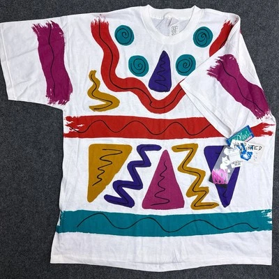 No Boundaries VTG Oversized Geometric 80s T Shirt Hand Painted Art To Wear 3X - Image 1 of 4