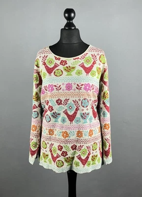 Suéter GUDRUN SJODEN multicolorido malha algodão pássaro folclórico padrão floral tamanho XXL - Imagem 1 de 4