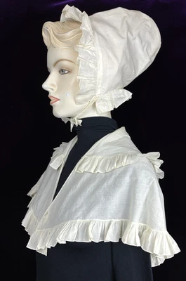 RARE Regency Ruffled Collar + Bonnet 1810 1820 1830 Cap Cotton Farm Chore - Image 1 of 4