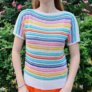 1980s Vintage Courreges Sweater Top Rainbow Striped Knitwear Rare Logo Detail - Picture 1 of 8