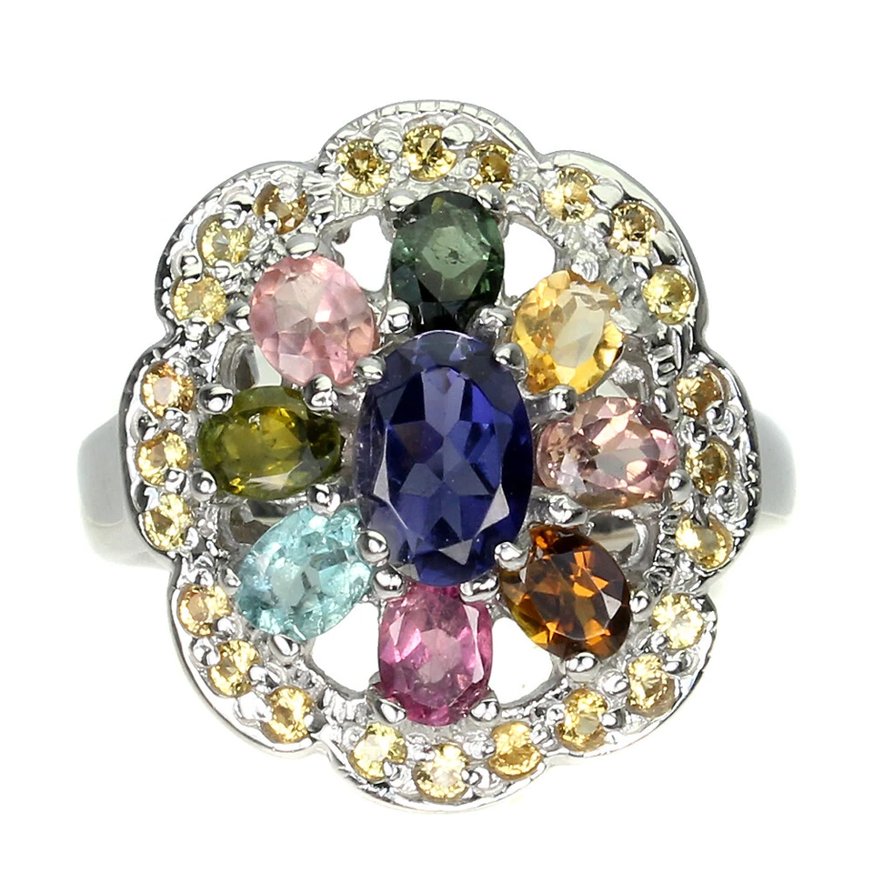 Anillo de plata de ley 925 ovalado zafiro iolita turmalina piedras preciosas joyería talla 7 Foto 1 de 4