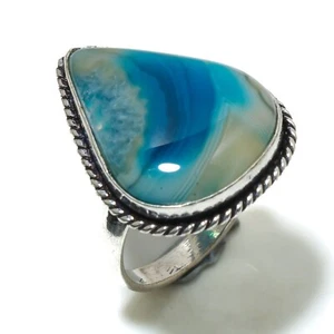 Anillo de joyería enchapado en plata 925 con piedras preciosas hechas a mano de ágata de encaje azul talla 9 de EE. UU. - Imagen 1 de 4
