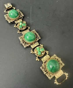 Vintage Emerald Green Glass Victorian Gold Style Bracelet - Picture 1 of 5