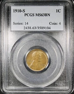 1910-S Lincoln Cent PCGS MS63BN BROWN COIN Better Date Affordable 1C - Picture 1 of 2