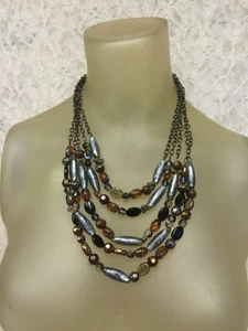 Cookie Lee Signed 5 layered Glass Beaded, Chain Necklace and Gemstone Chips 23" - Picture 1 of 5