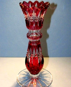 CAESAR CRYSTAL Red Vase Candlestick Hand Cut to Clear Overlay Czech Cased - Picture 1 of 8