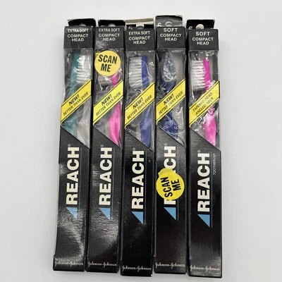 Лот из 5 винтажных зубных щеток Johnson & Johnson REACH ЭКСТРА мягкие компактный размер головки 1993 - Изображение 1 из 4