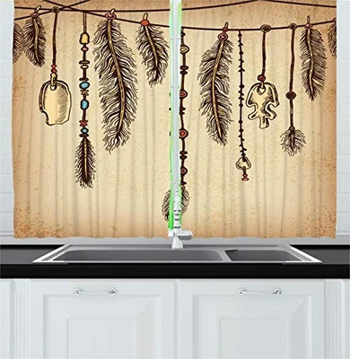  Cortinas de Cocina Tribales, Cabello Bohemio 55"W x 39"L (Pack de 2) Marrón Foto 1 de 2