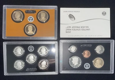 2016 US Mint SILVER Proof set - 13 coins - final yr of Pres Dollars, w/ Box, COA - Image 1 of 2