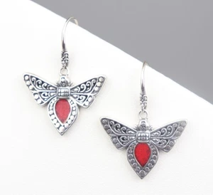 Solid 925 Sterling Silver Bali Style Butterfly Earrings Thick Hooks 1 5/8" - Picture 1 of 4