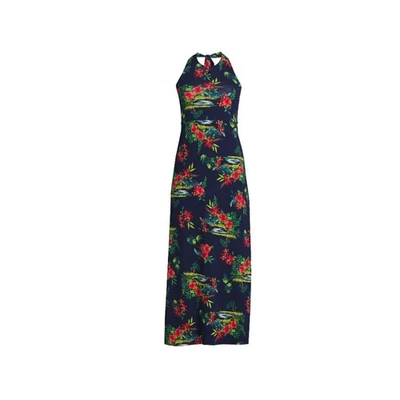 Lands End 2X tencel Stretchy Open Back Floral Halter Maxi Dress - Navy and Red - Image 1 of 4