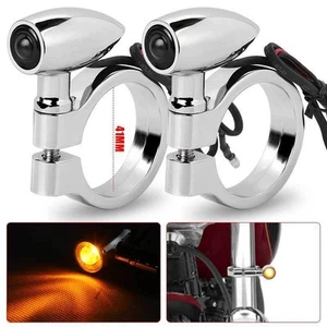 2x Chrome Motorcycle LED Turn Signal Light 41mm Front Fork Indicator Amber Lamp - Picture 1 of 16