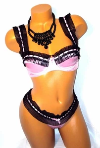 New 2 pc. Leg Avenue Woven Ribbon Chiffon Underwired Bra Thong Set - NIP - Small - Picture 1 of 2