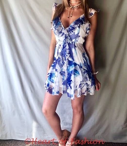 Floral Low V-Neck Ruffle Detail Mini Short Lightweight Open Back Sun Dress - Picture 1 of 9