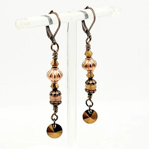 Artisan Handmade Antique Copper Drop Dangle Beaded Earrings Leverback Bohemian - Picture 1 of 3
