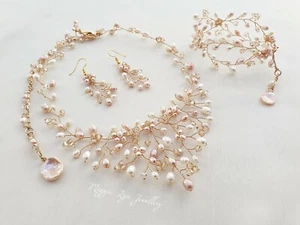 Bridal jewellery set. blush pink gilt gold wedding autumnal crystals pearls - Picture 1 of 10