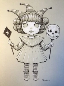 Original Tusche und Buntstift Skizze, 9x12 Zoll, gruselige Halloween Puppe - Bild 1 von 5