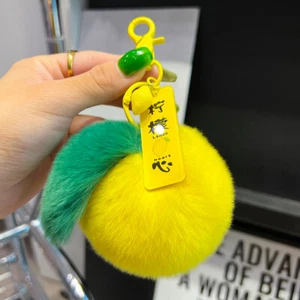 Cute Real Rabbit Fur Lemon Keyring Pompom Ball Bag Charm Bag Phone Pendant Gift - Picture 1 of 6